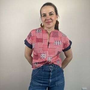 Vintage Handmade Red Patchwork Print Short Sleeve Women's Top